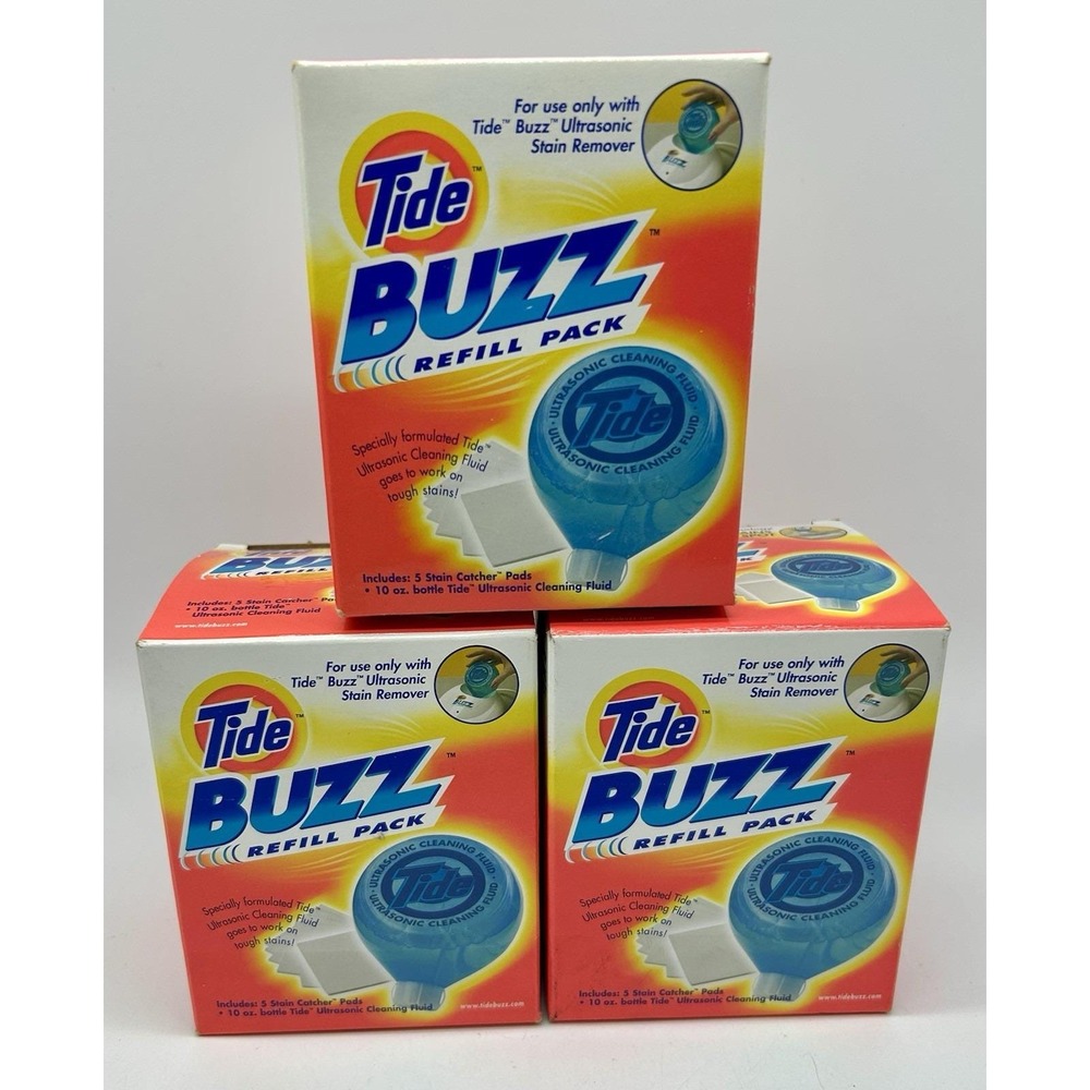 Tide Buzz Refill Pack Lot Of 3 Ultrasonic Stain Remover 10 oz Liquid & 5 Pads
